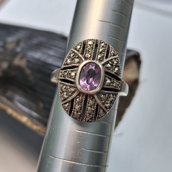 Vintage and unique Amythest And Marcasite Sterling two Rings stamped 925 - Picture 11 of 16